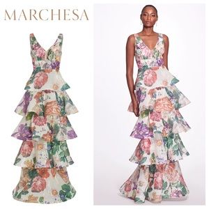 MARCHESA NOTTE Plunging V-Neck Floral Printed Gown